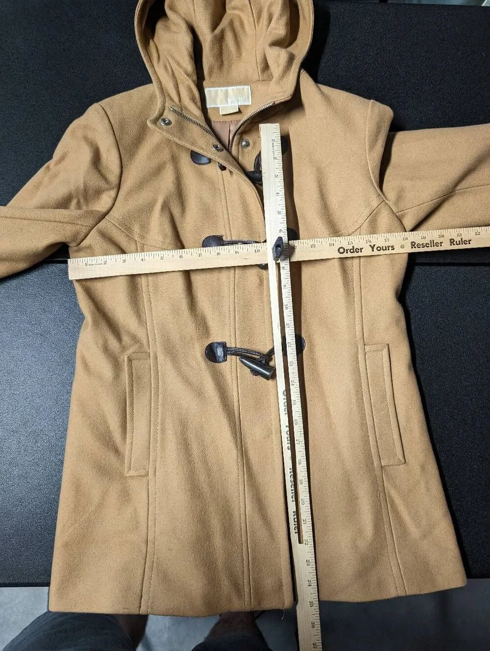 Michael Kors Women’s Tan Brown Wool Peacoat Toggle Zip Up Hooded Coat Women's Si